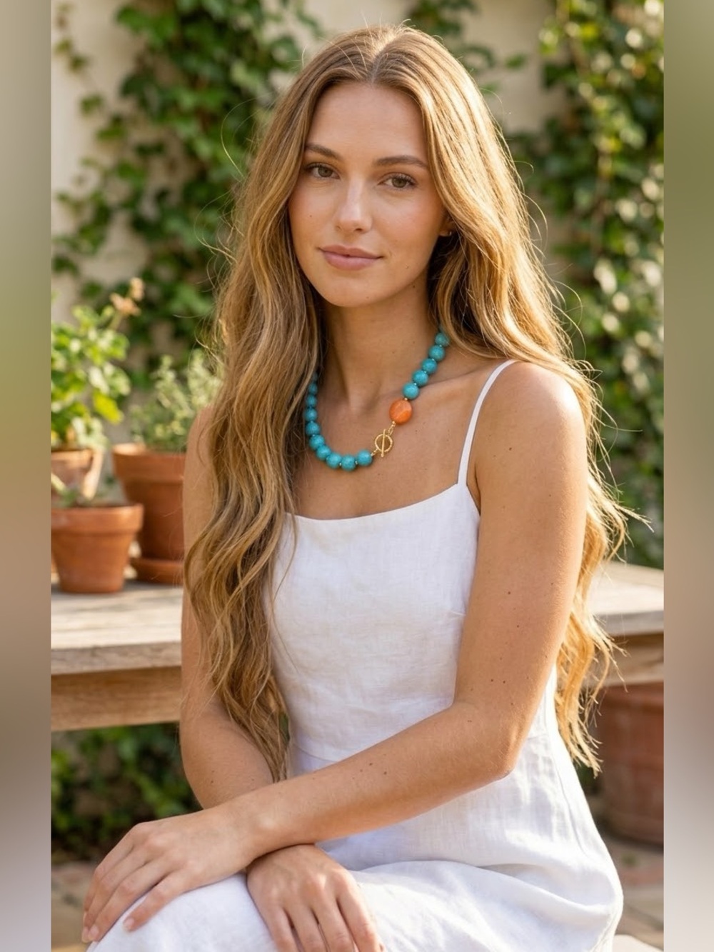 Turquoise Howlite & Carnelian Beaded Necklace with Gold Tone Toggle Clasp